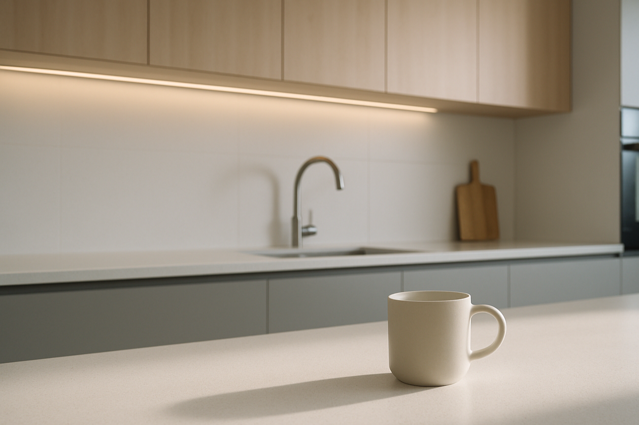 create a kitchen a singular cup on the bench
